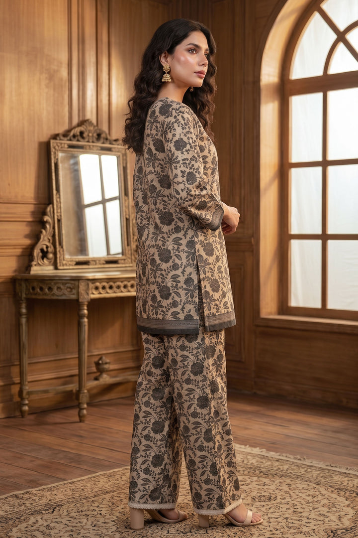 Brown 2 Piece Unstitched Printed Cambric Co-Ord Set