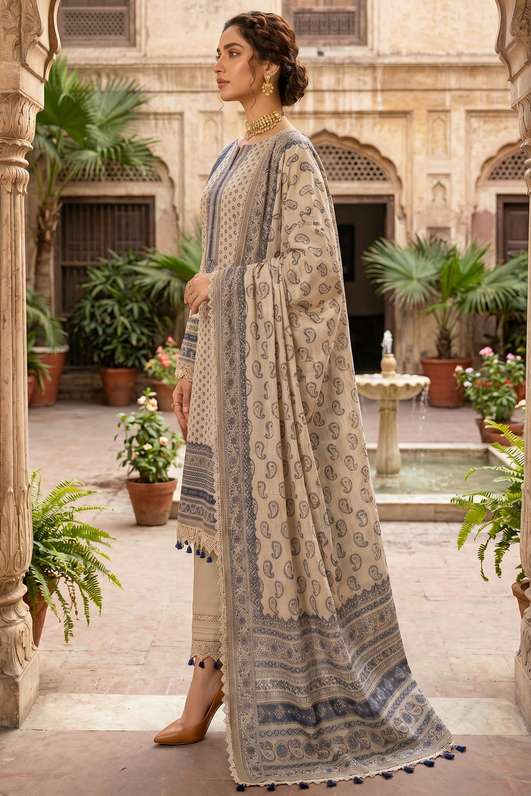 Beige 3 Piece Unstitched Premium Printed Lawn
