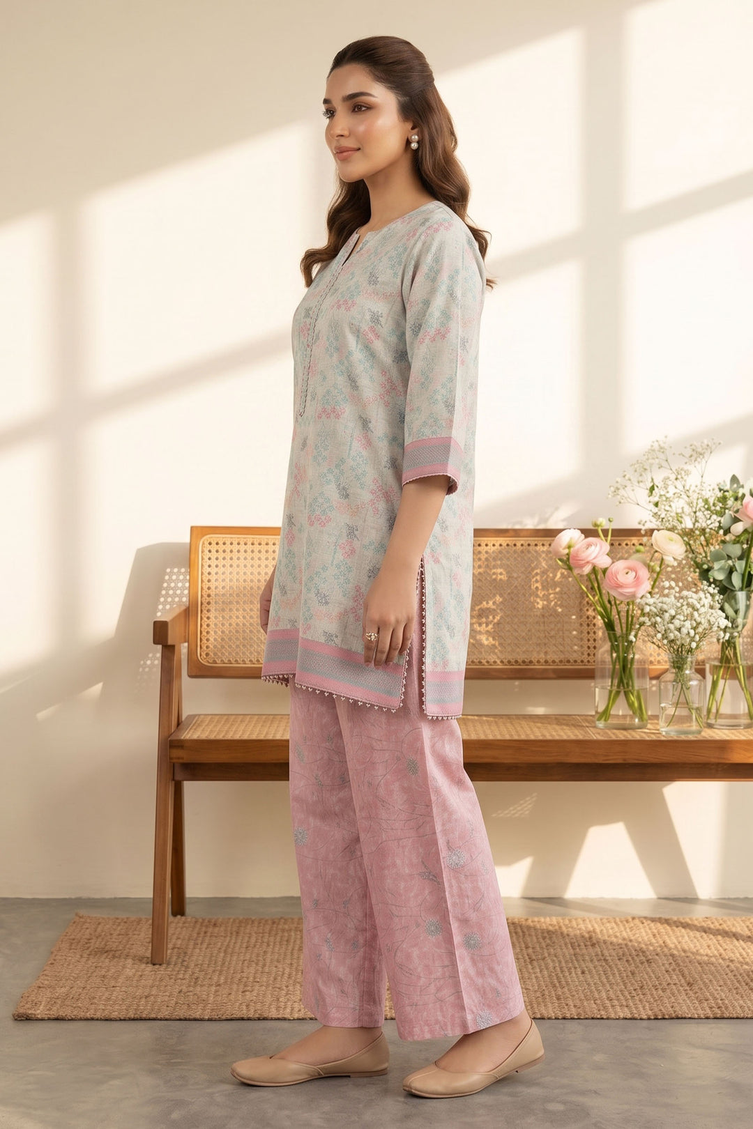 Pastel Gray 2 Piece Unstitched Printed Cambric Co-Ord Set