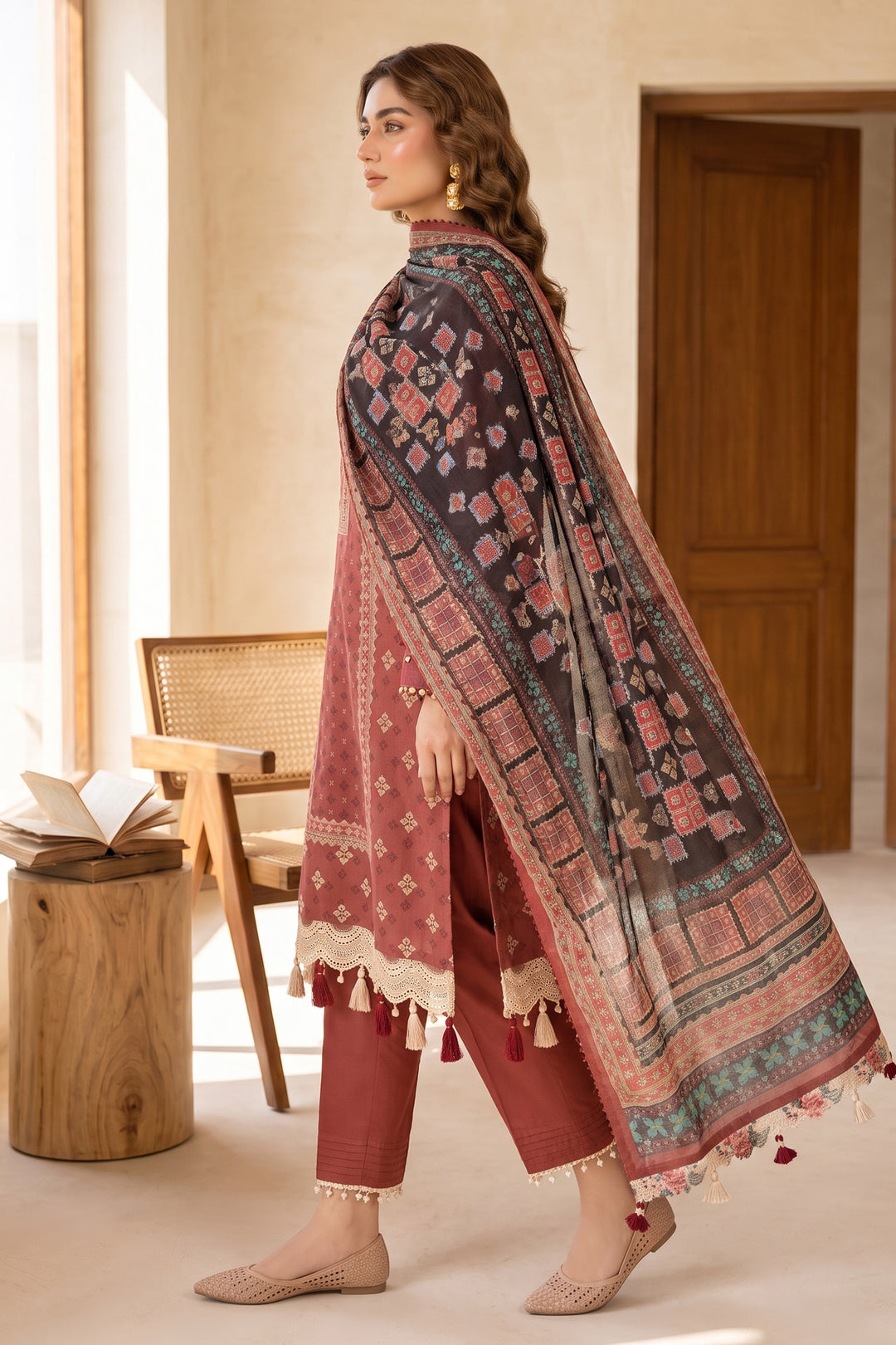 Brick Red 3 Piece Unstitched Premium Printed Lawn