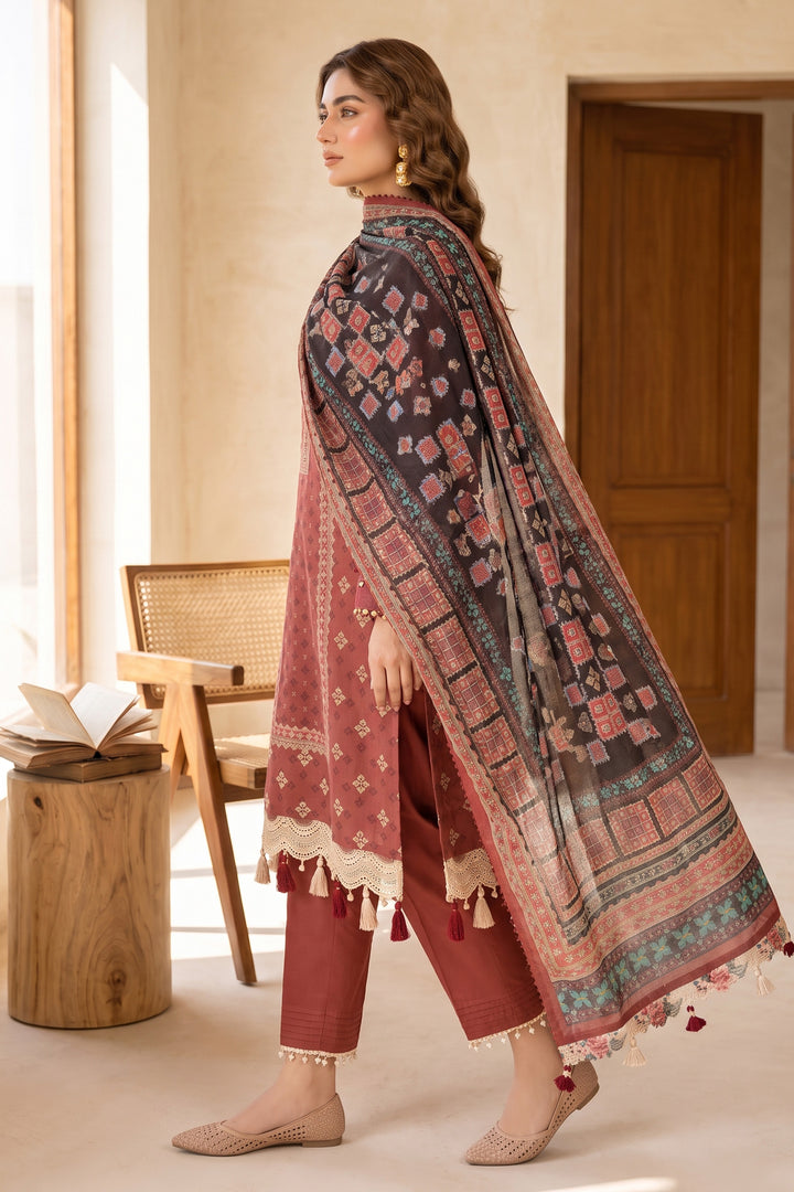 Brick Red 3 Piece Unstitched Premium Printed Lawn