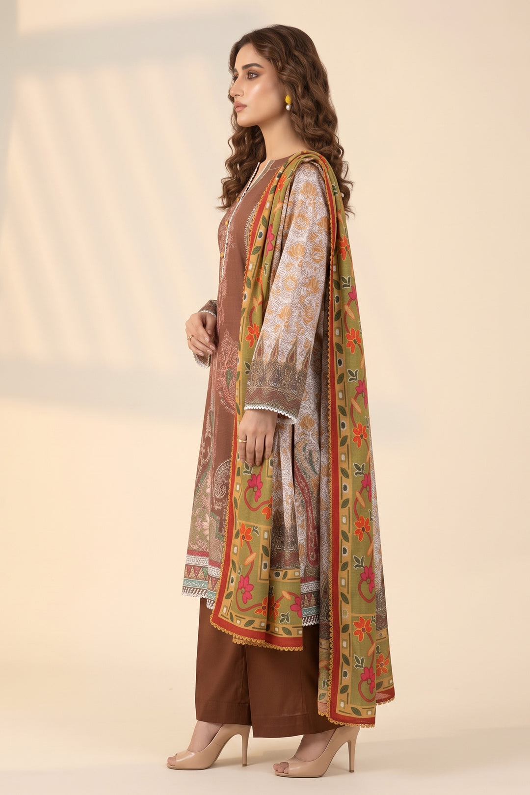 3 Piece Unstitched Brown Khaddar