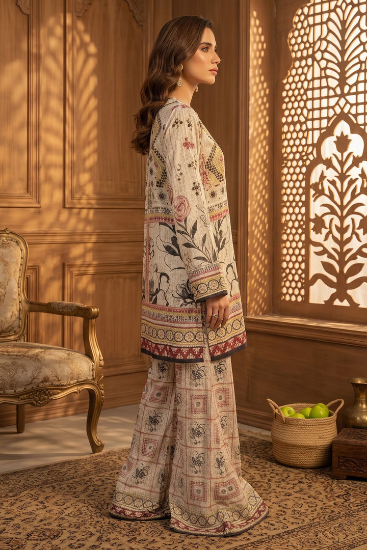 Beige 2 Piece Unstitched Printed Cambric Co-Ord Set