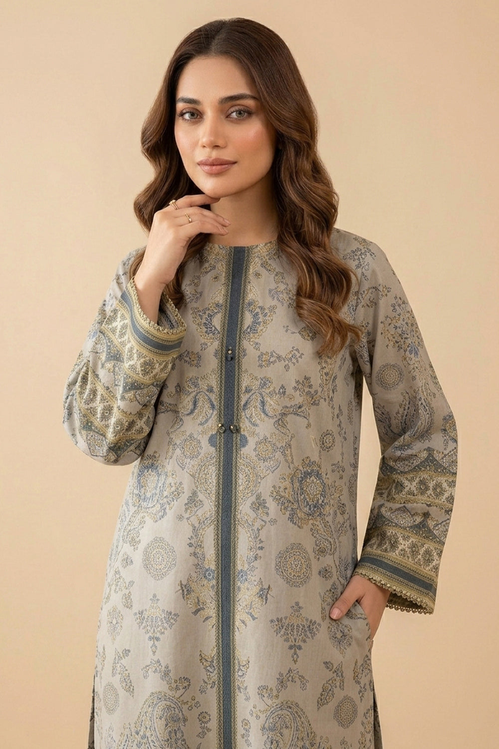 Almond 2 Piece Unstitched Printed Cambric Co-Ord Set
