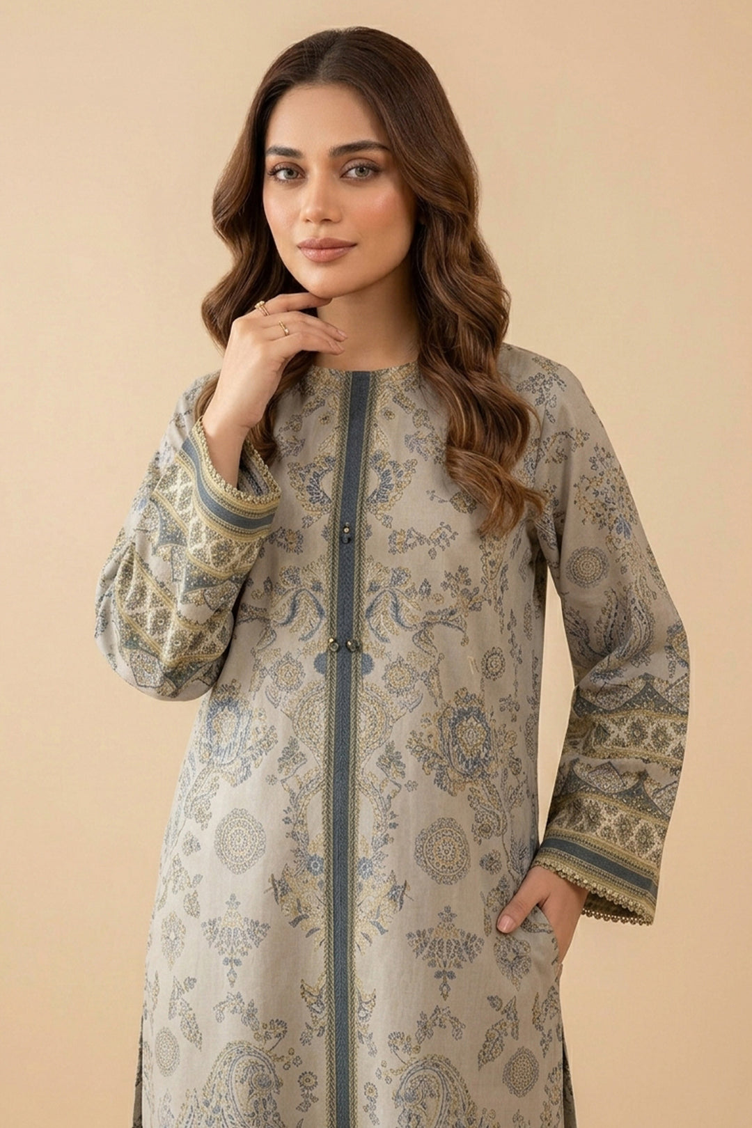 Almond 2 Piece Unstitched Printed Cambric Co-Ord Set