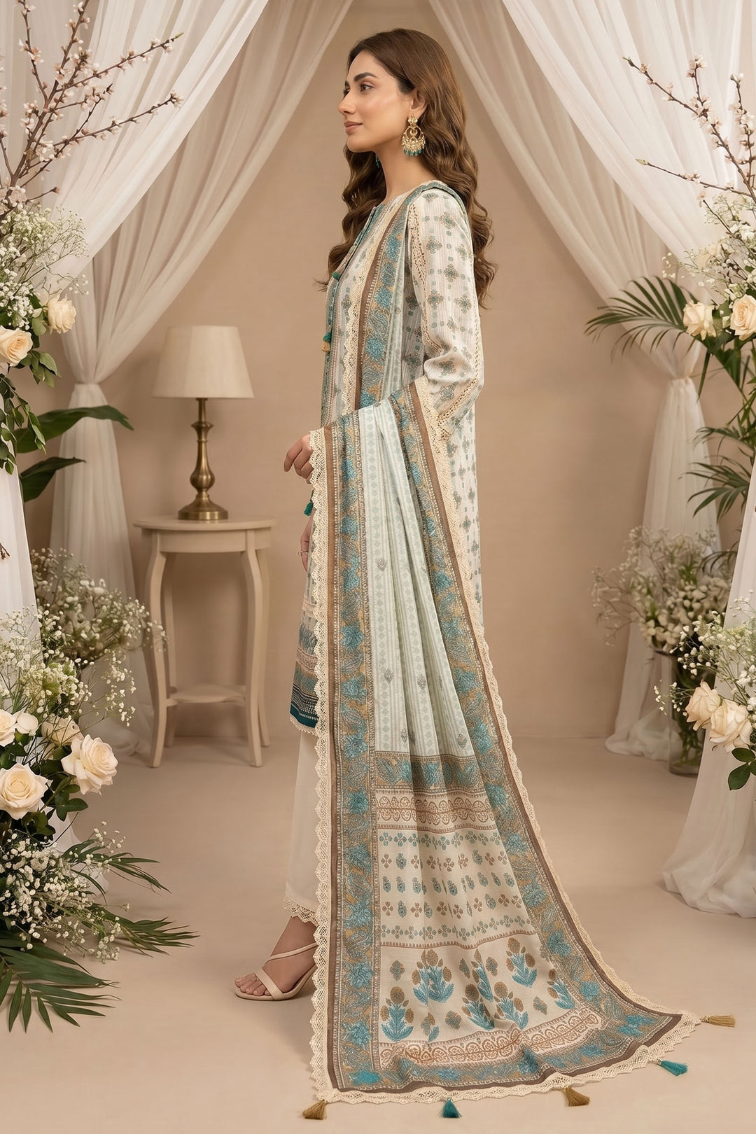 Almond 3 Piece Unstitched Premium Printed Lawn Suit By Jacquard Clothing Summer 2026 Hania Manahil Collection
