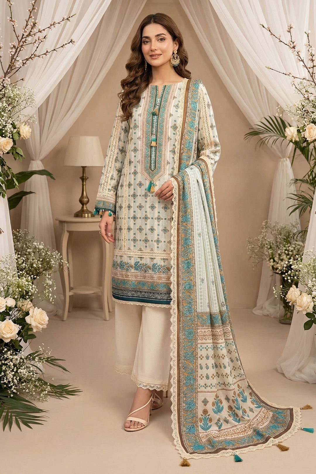 Almond 3 Piece Unstitched Premium Printed Lawn Suit By Jacquard Clothing Summer 2026 Hania Manahil Collection