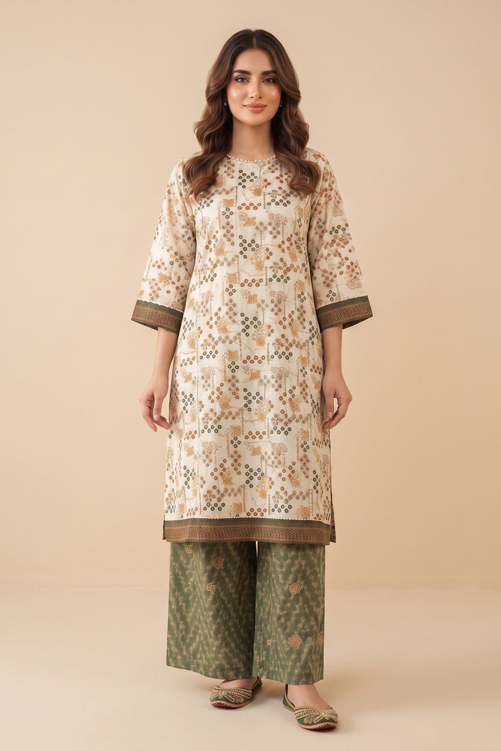 Antique White 2 Piece Unstitched Printed Cambric Co-Ord Set