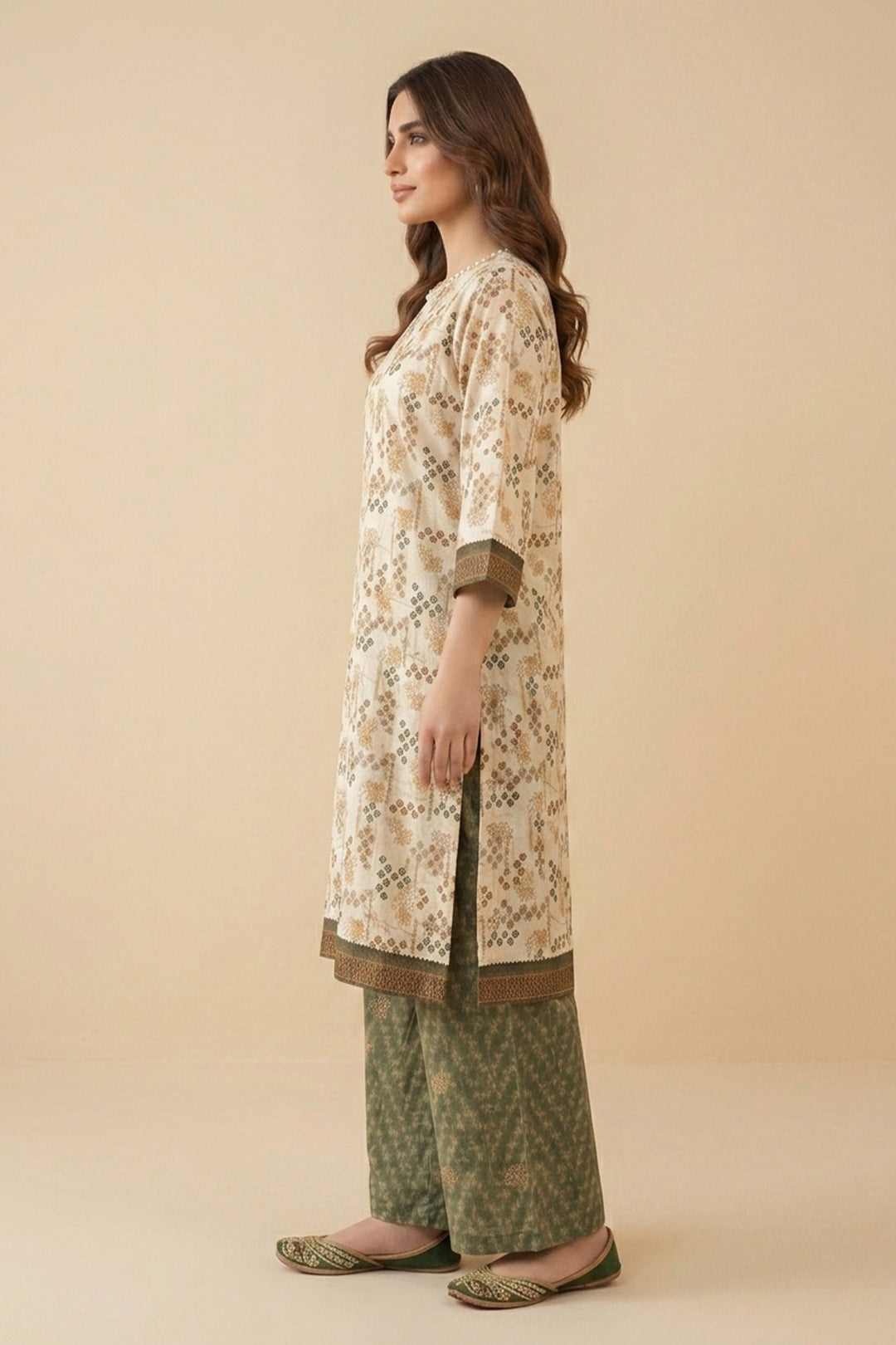 Antique White 2 Piece Unstitched Printed Cambric Co-Ord Set