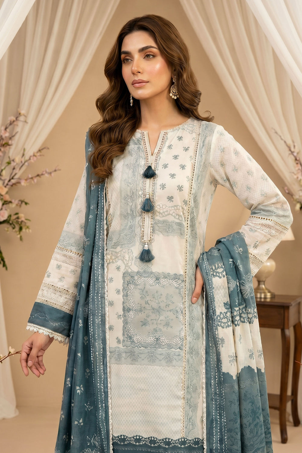 Antique White 3 Piece Unstitched Premium Printed Lawn Suit By Jacquard Clothing Summer 2026 Hania Manahil Collection
