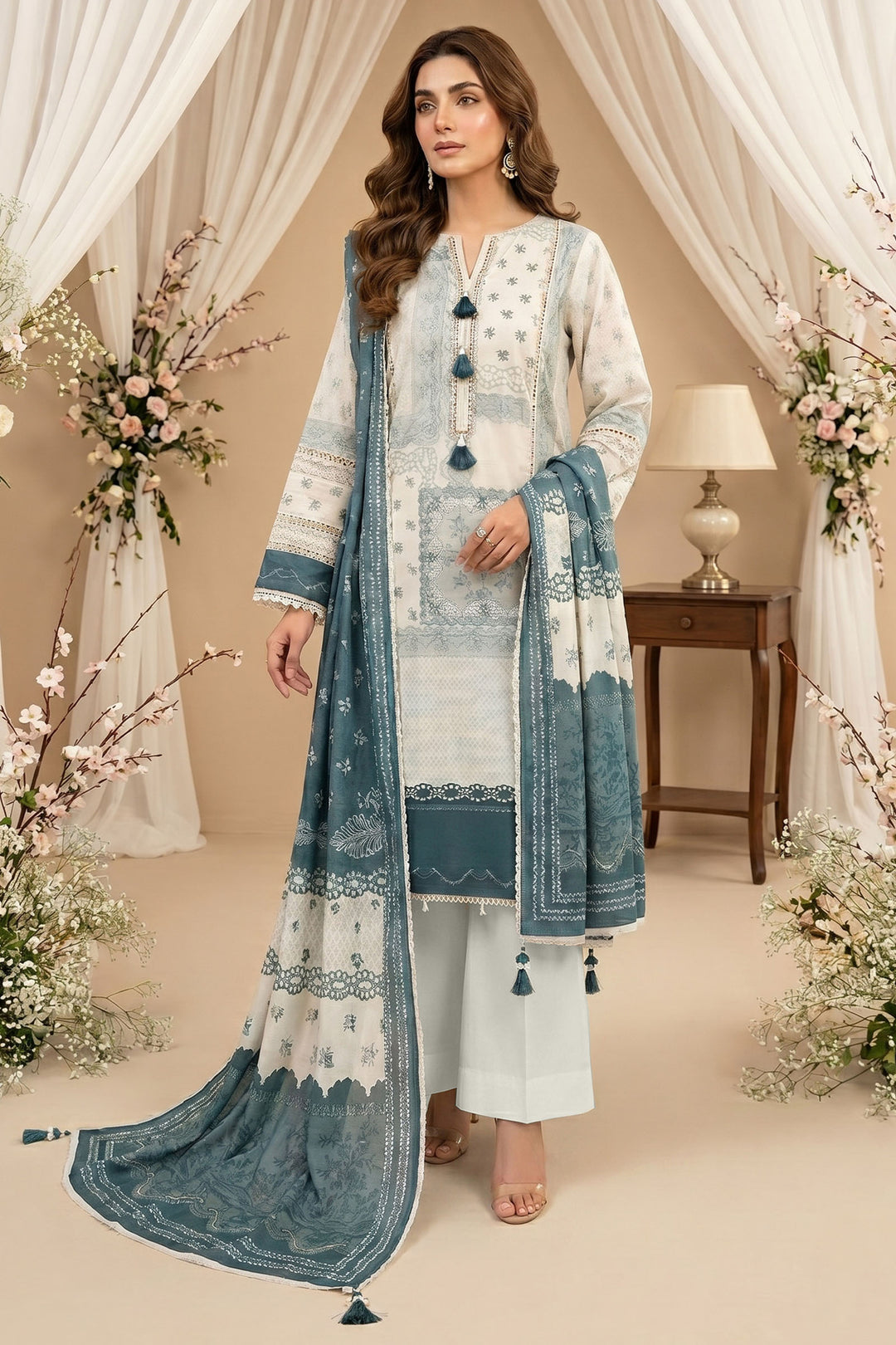Antique White 3 Piece Unstitched Premium Printed Lawn Suit By Jacquard Clothing Summer 2026 Hania Manahil Collection