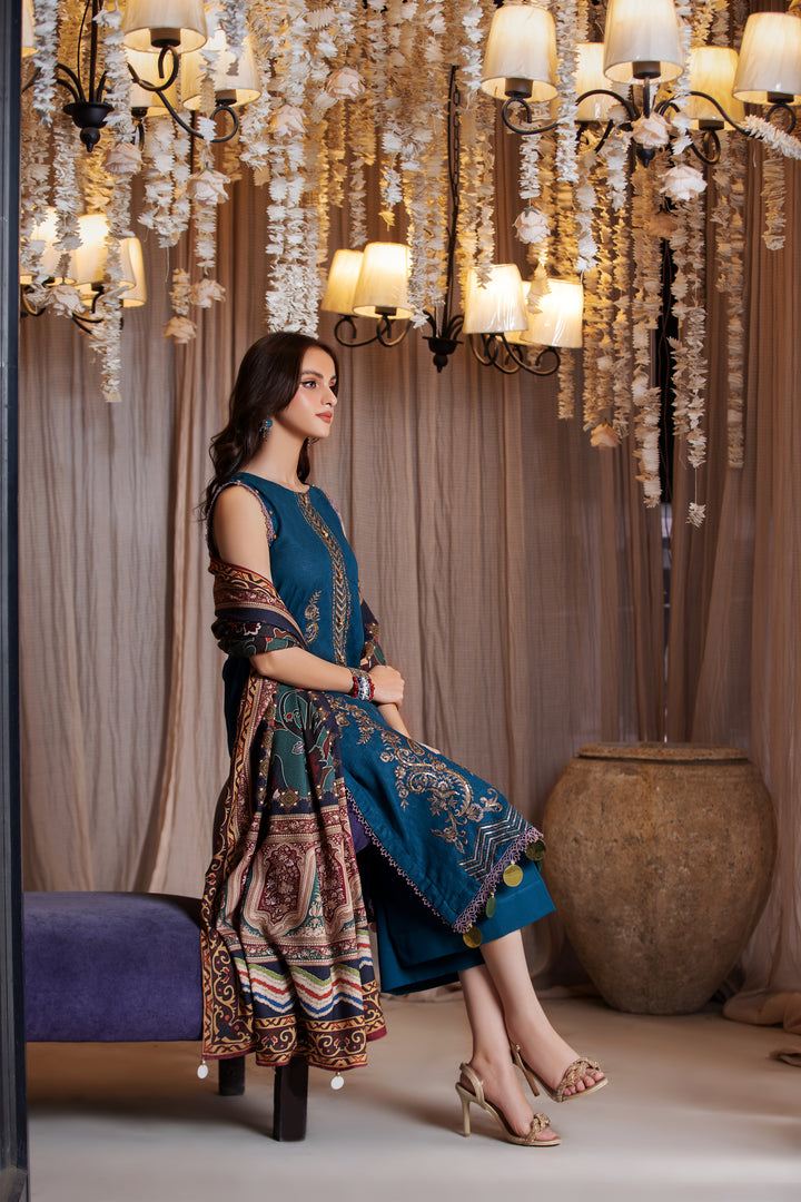 3 PIECE LUXURY UNSTITCHED-EMBROIDERED SELF JACQUARD KHADDAR SUIT