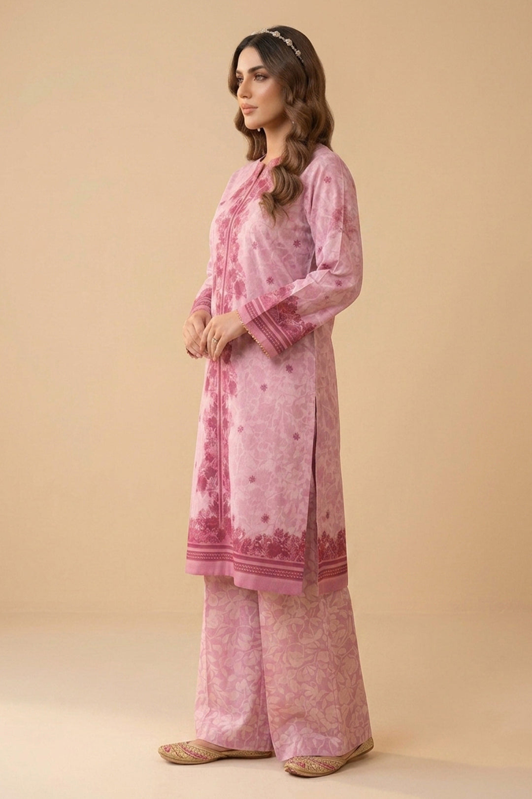 Baby Pink 2 Piece Unstitched Printed Cambric Co-Ord Set