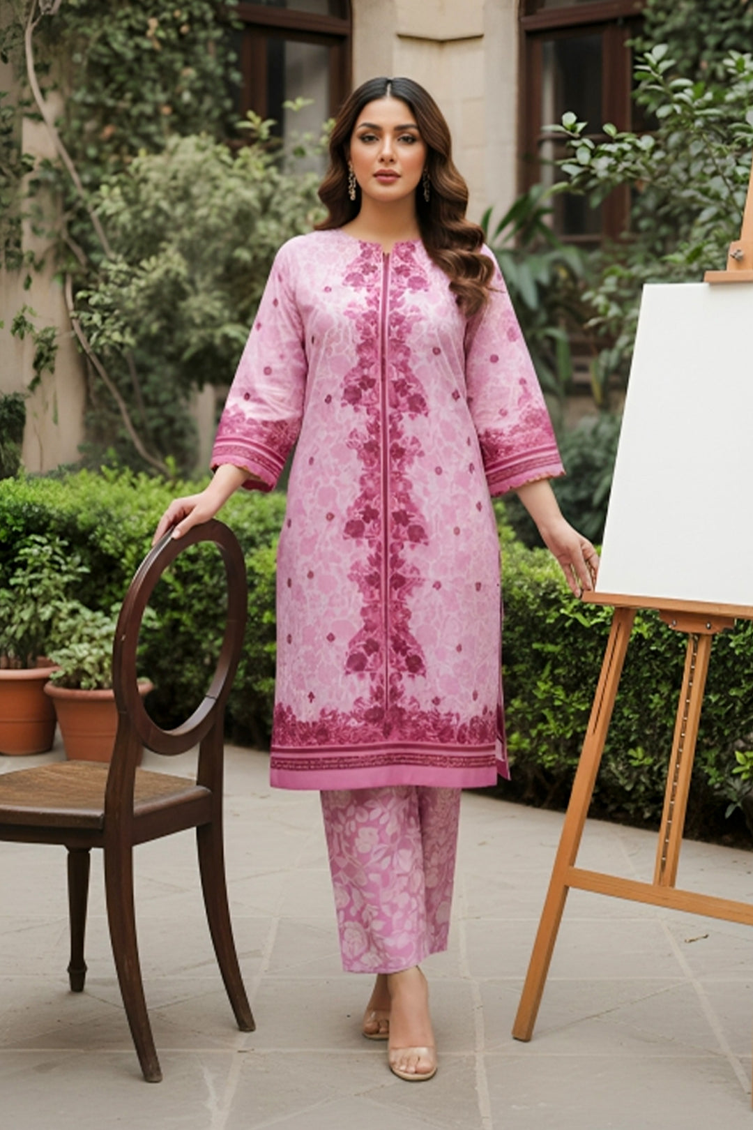Baby Pink 2 Pc Unstitched Printed Cambric Co-Ord Set
