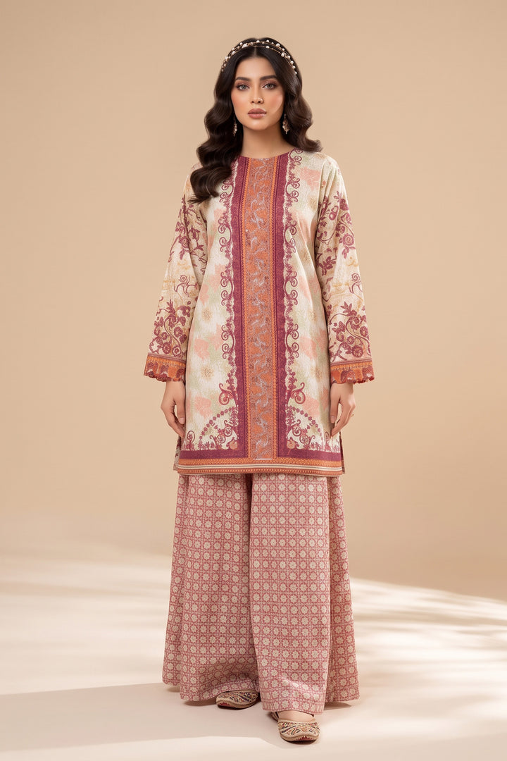 Beige 2 Piece Unstitched Printed Cambric Co-Ord Set