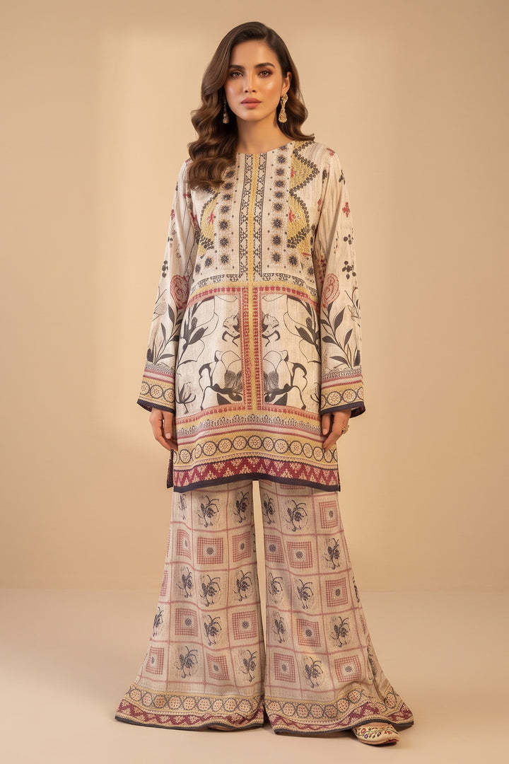 Beige 2 Piece Unstitched Printed Cambric Co-Ord Set