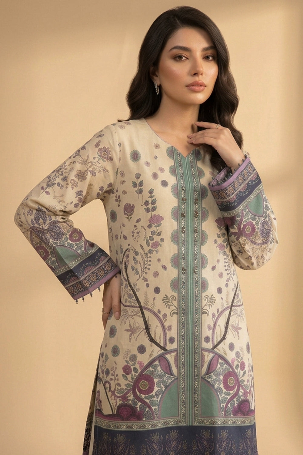 Beige 2 Piece Unstitched Printed Cambric Co-Ord Set