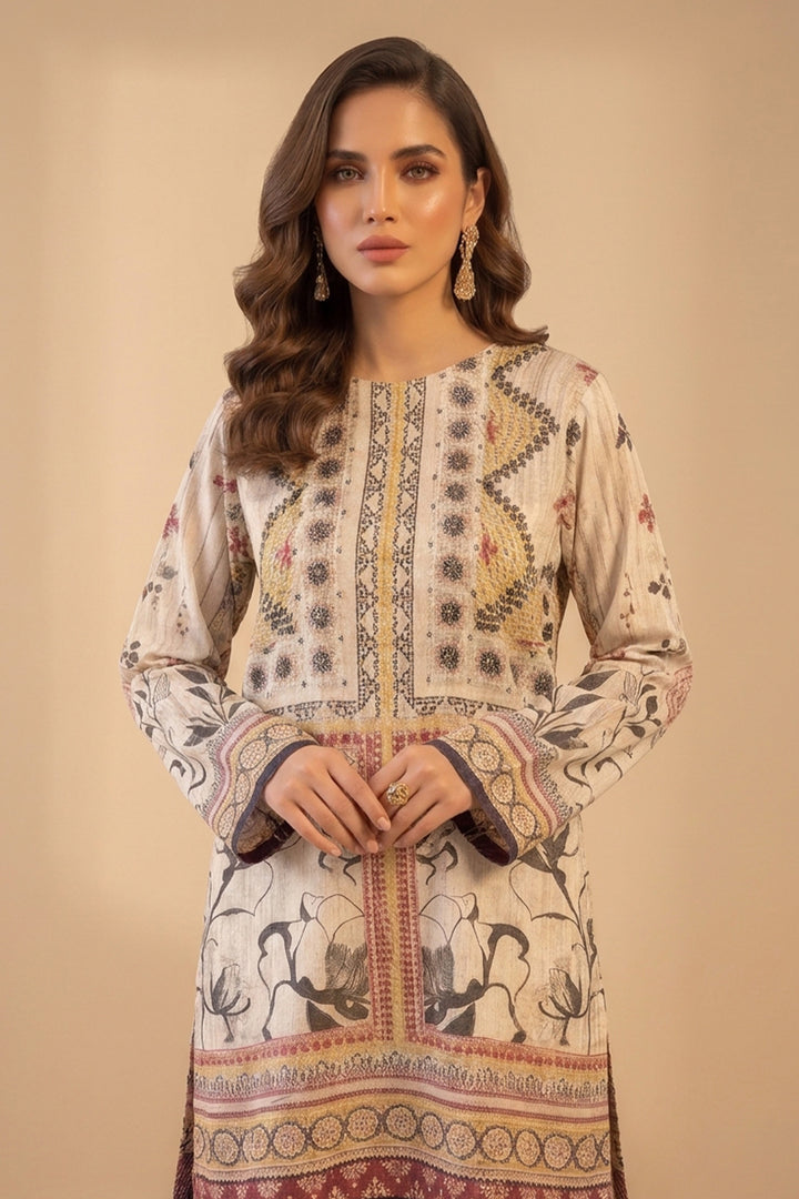 Beige 2 Piece Unstitched Printed Cambric Co-Ord Set