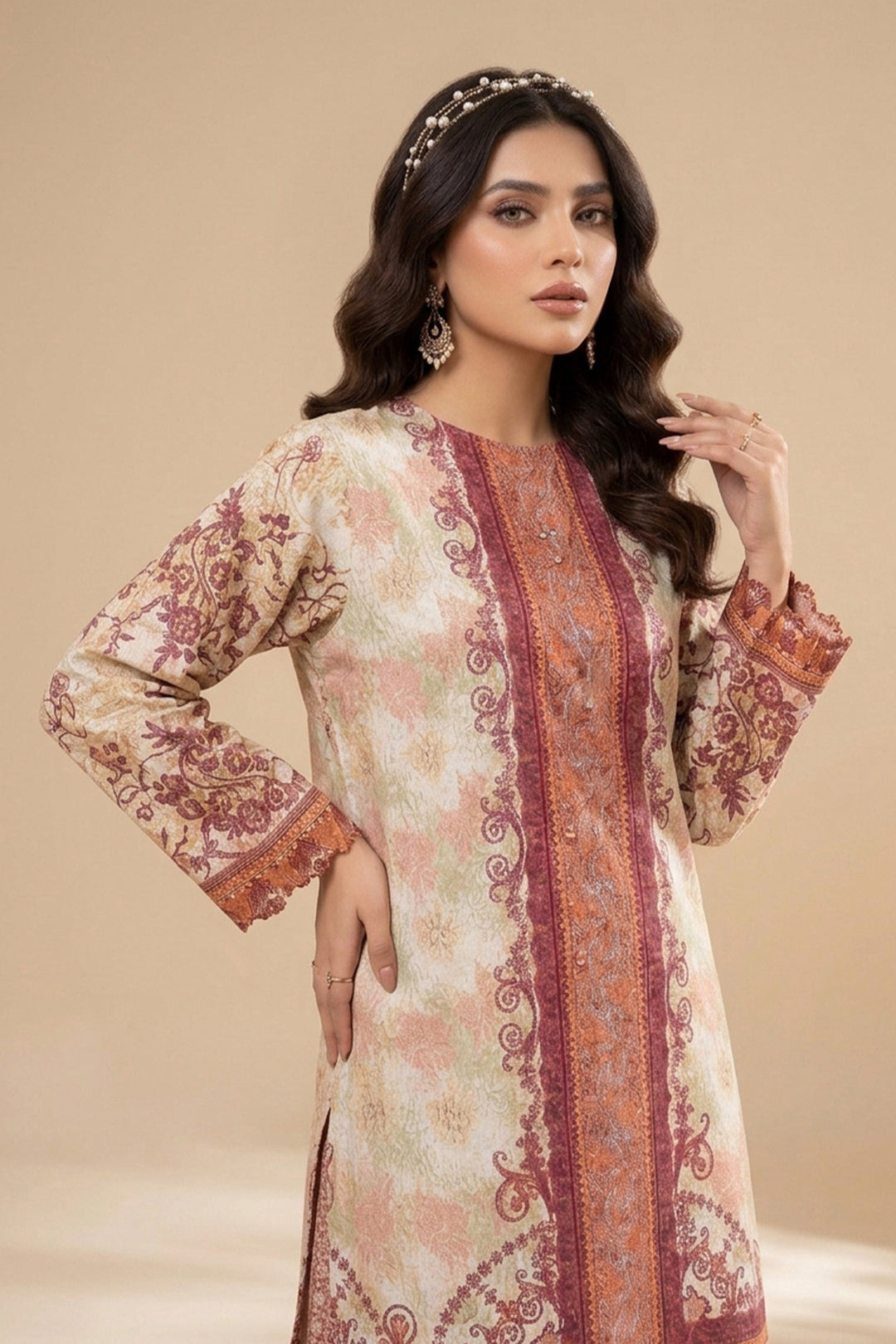 Beige 2 Piece Unstitched Printed Cambric Co-Ord Set