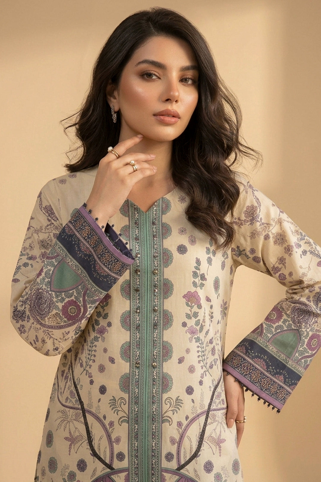Beige 2 Piece Unstitched Printed Cambric Co-Ord Set