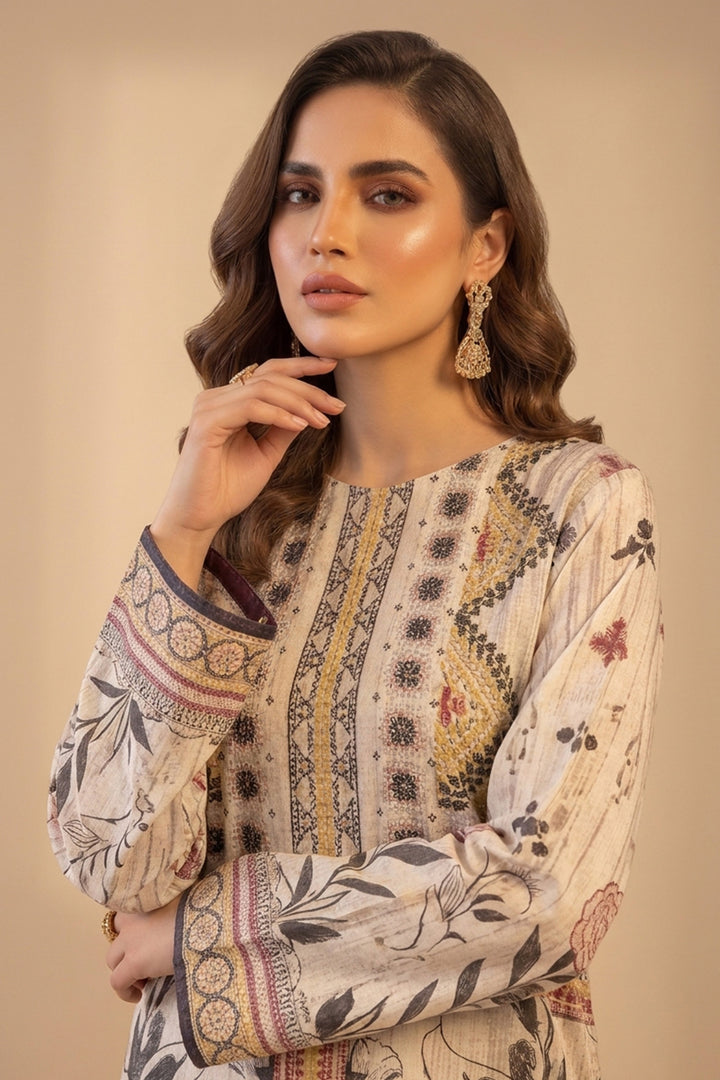 Beige 2 Piece Unstitched Printed Cambric Co-Ord Set