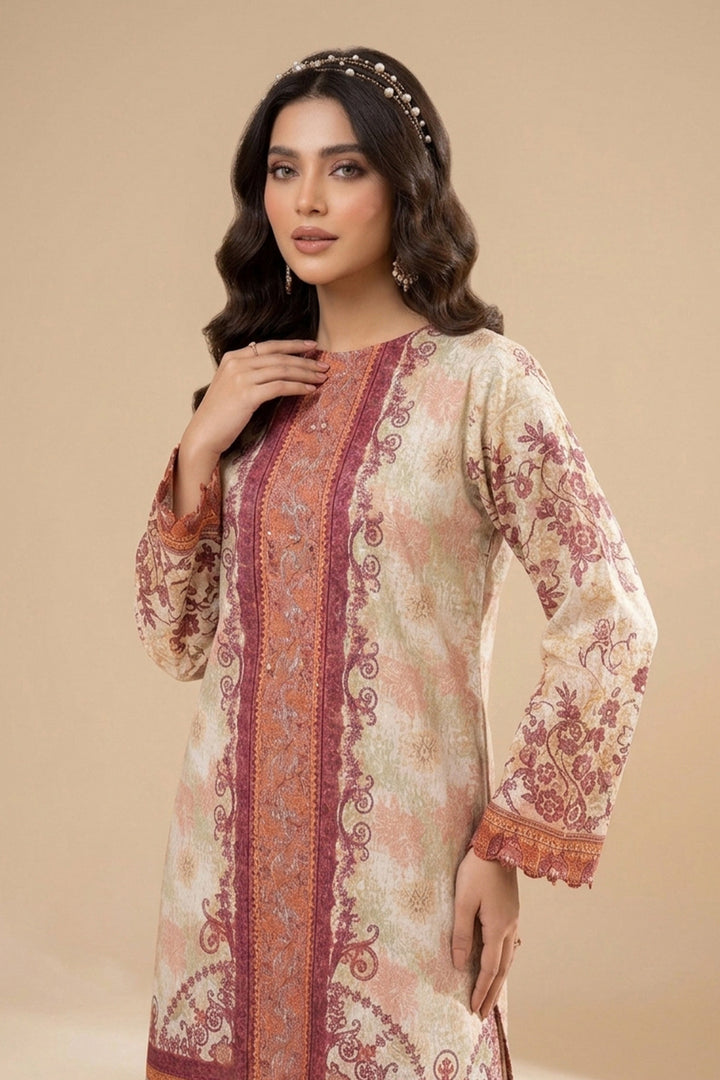 Beige 2 Piece Unstitched Printed Cambric Co-Ord Set