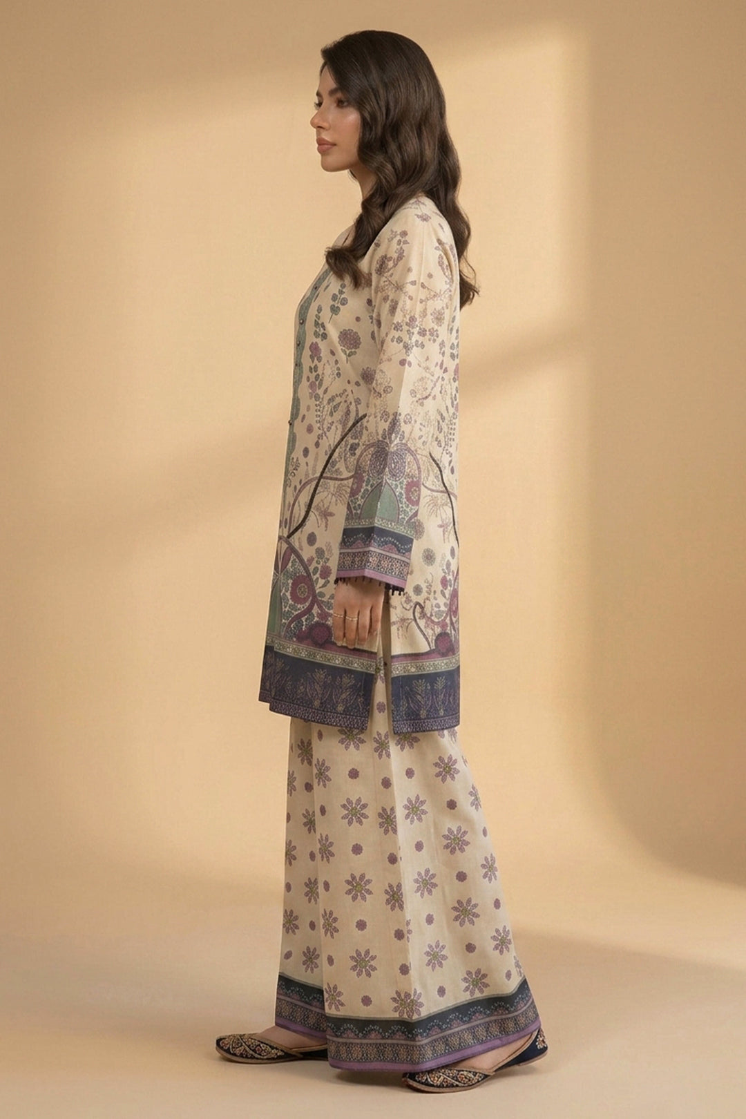 Beige 2 Piece Unstitched Printed Cambric Co-Ord Set