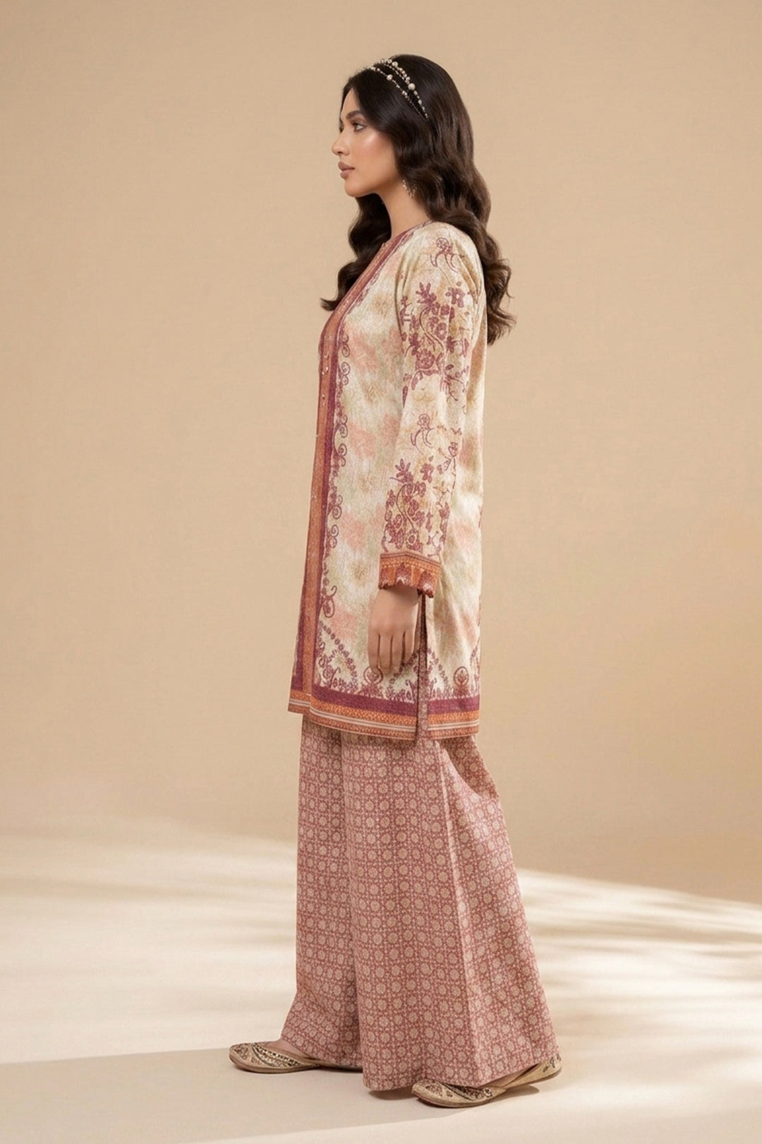 Beige 2 Piece Unstitched Printed Cambric Co-Ord Set