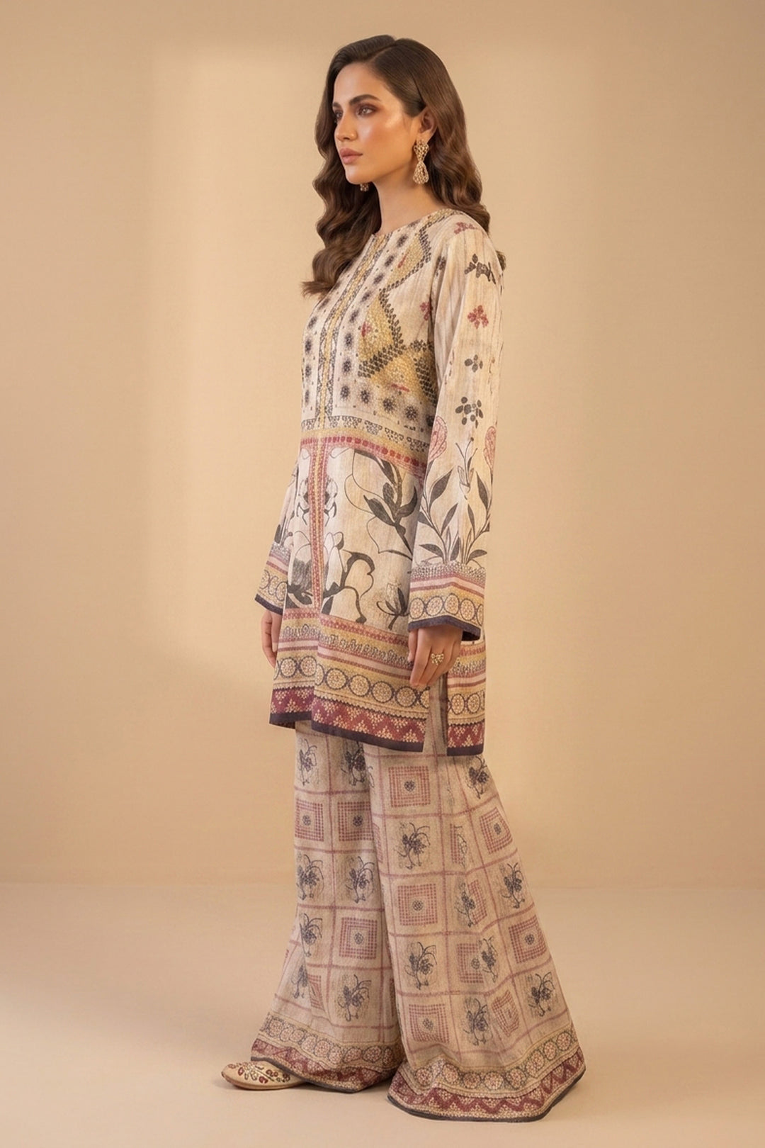 Beige 2 Piece Unstitched Printed Cambric Co-Ord Set