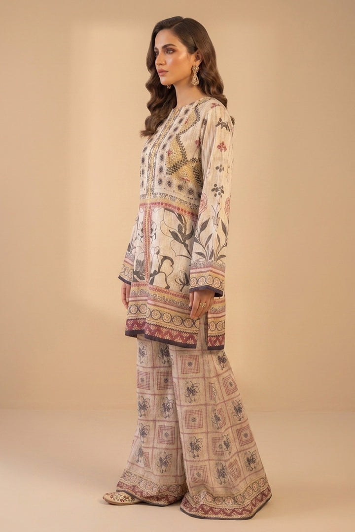 Beige 2 Piece Unstitched Printed Cambric Co-Ord Set