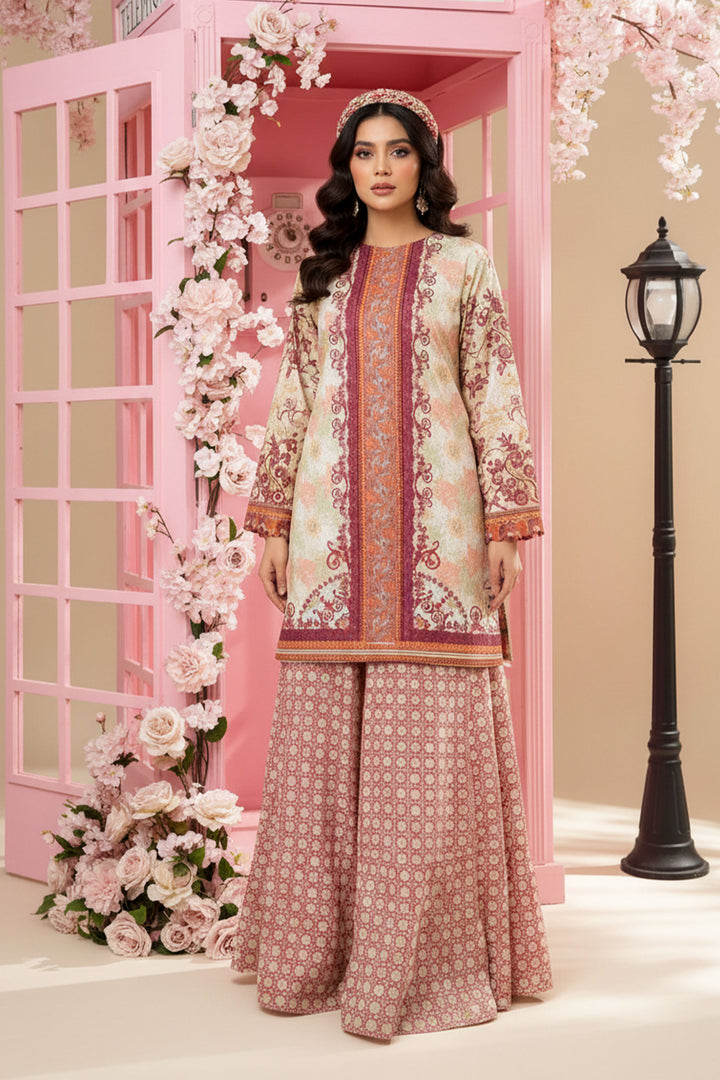 Beige 2 Pc Unstitched Printed Cambric Co-Ord Set