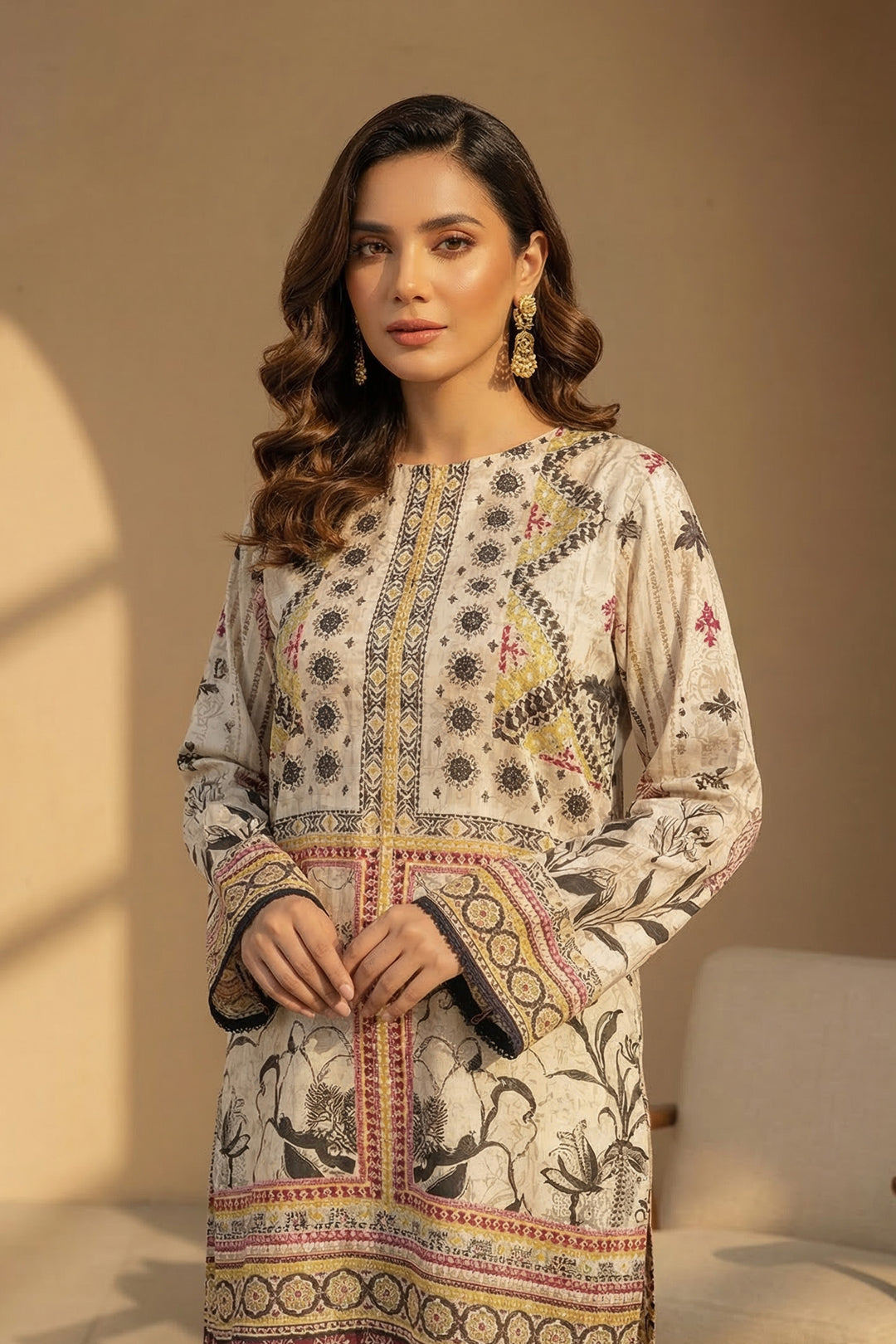 Beige 2 Pc Unstitched Printed Cambric Co-Ord Set