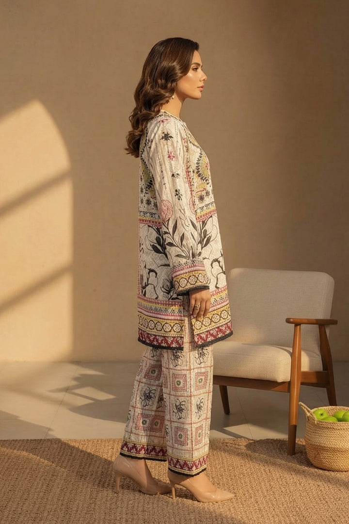 Beige 2 Pc Unstitched Printed Cambric Co-Ord Set
