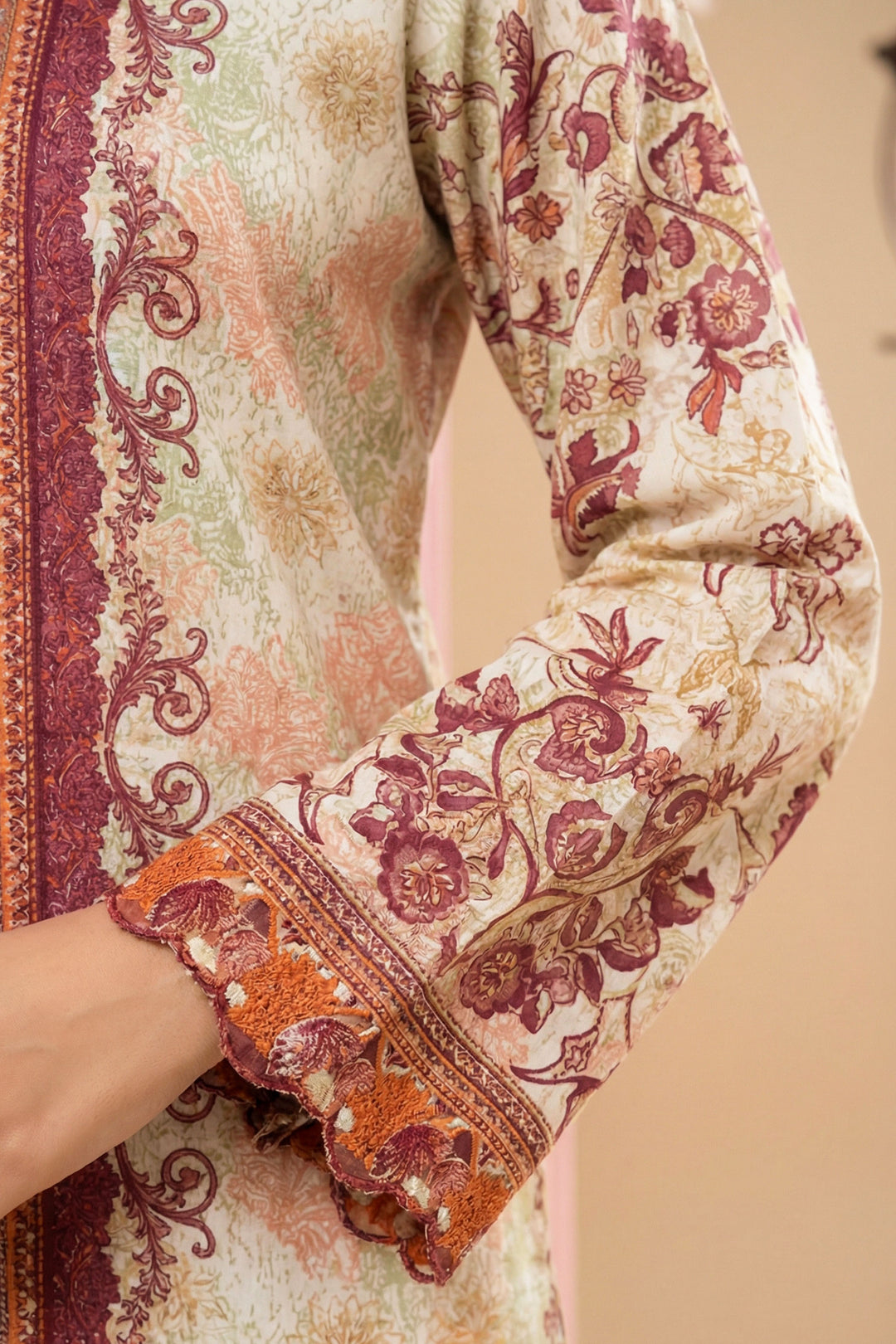 Beige 2 Pc Unstitched Printed Cambric Co-Ord Set