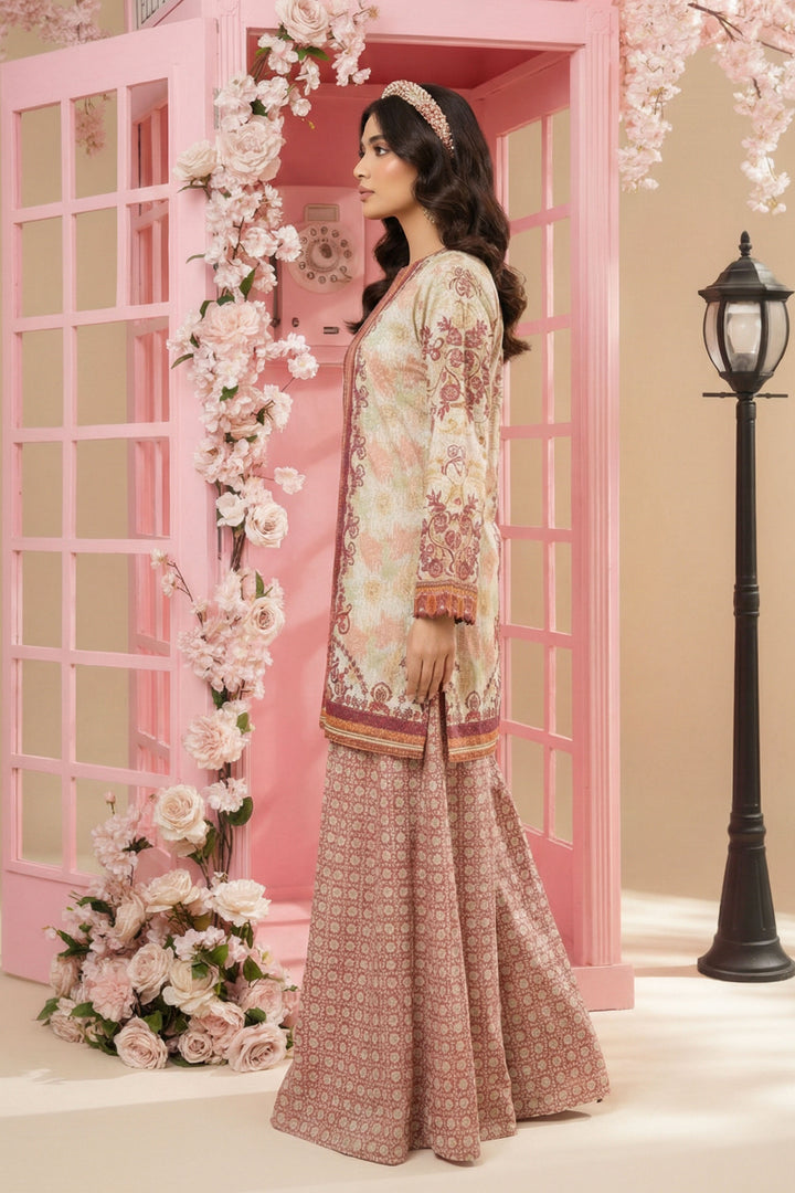 Beige 2 Pc Unstitched Printed Cambric Co-Ord Set