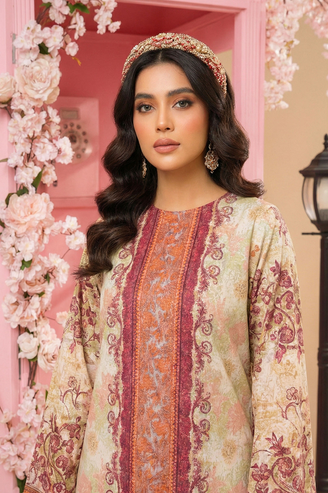 Beige 2 Pc Unstitched Printed Cambric Co-Ord Set