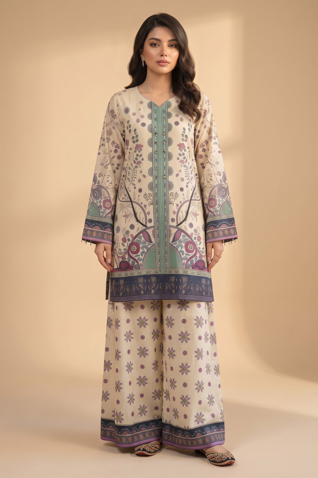 Beige 2 Piece Unstitched Printed Cambric Co-Ord Set