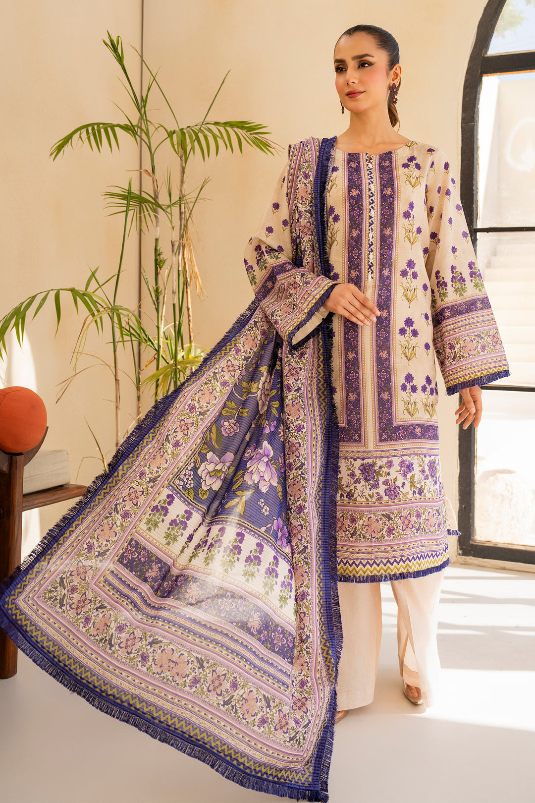 Beige 3 Piece Unstitched Premium Lawn - SU25V4-S5 - JACQUARD CLOTHING
