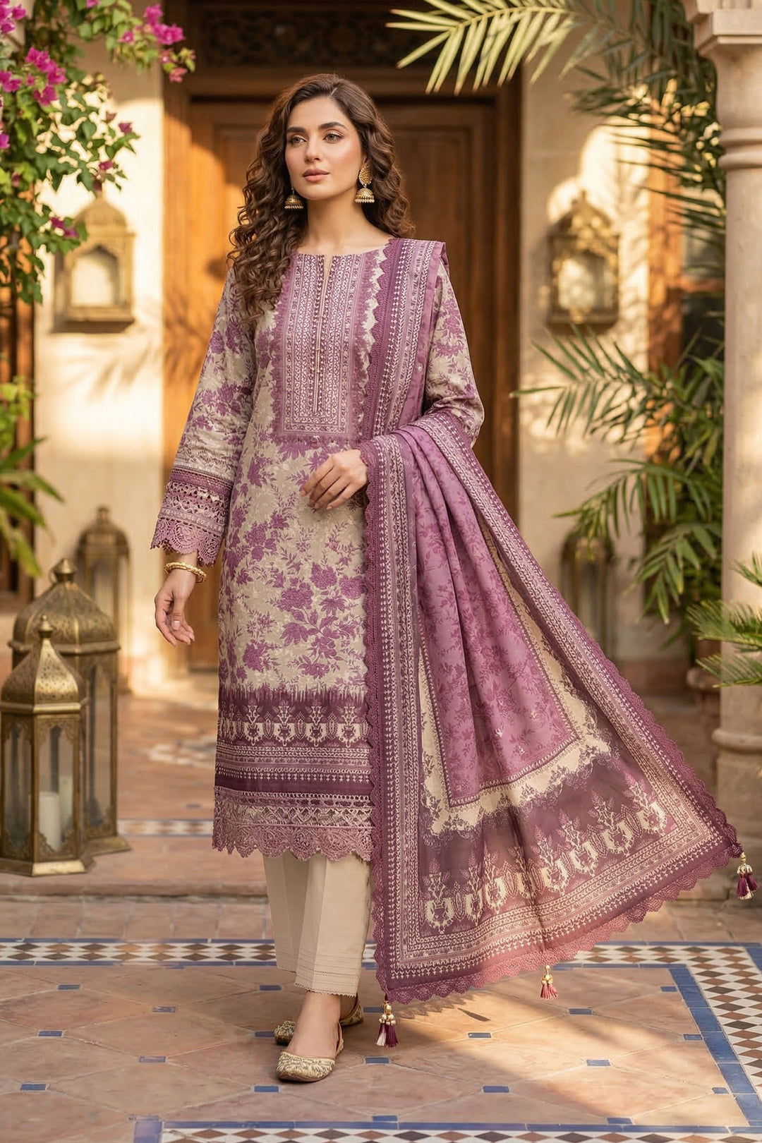 Beige 3 Piece Unstitched Premium Printed Lawn
