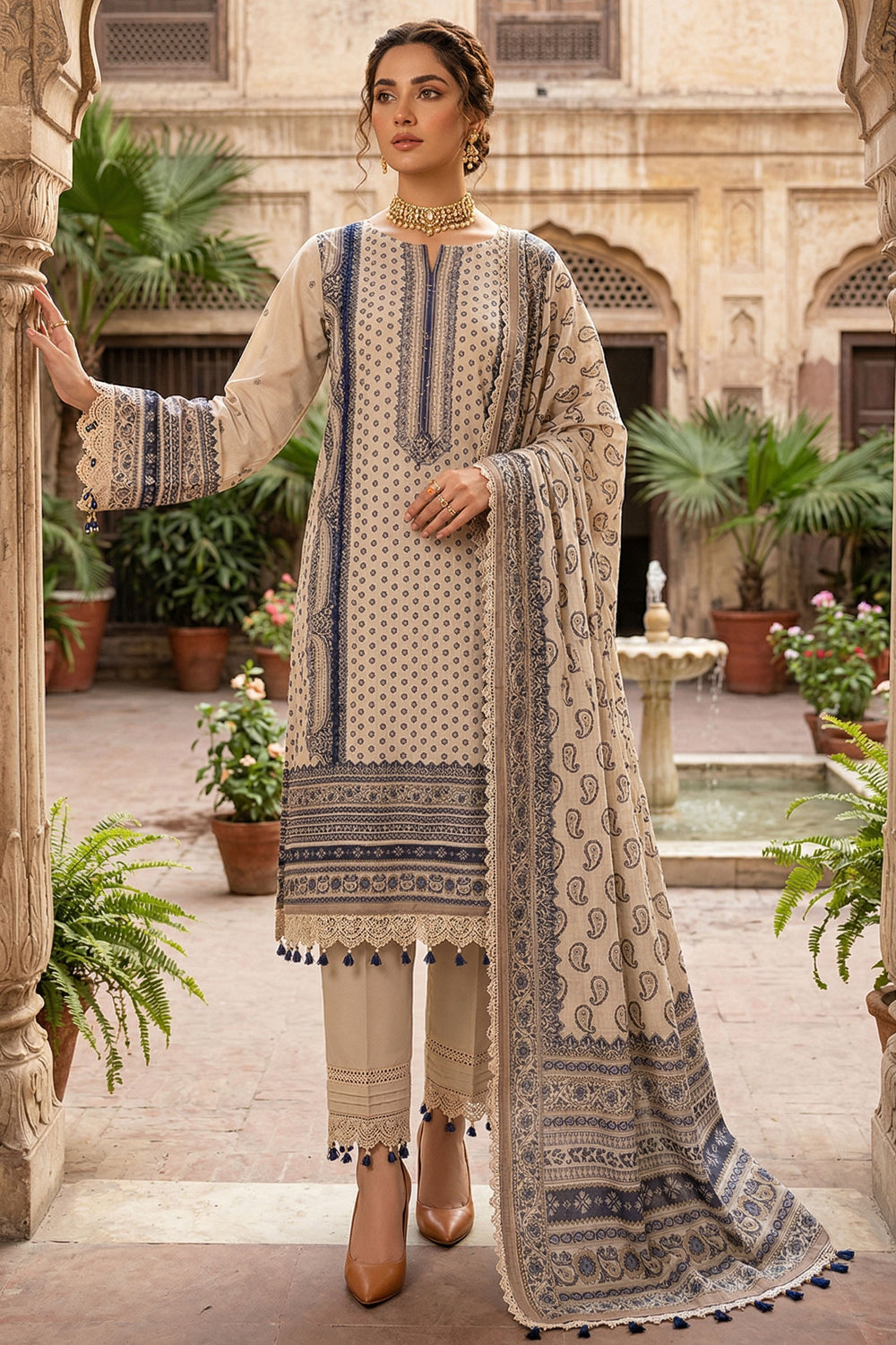 Beige 3 Piece Unstitched Premium Printed Lawn