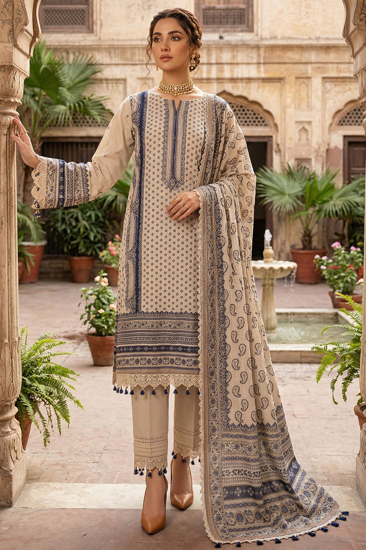 Beige 3 Piece Unstitched Premium Printed Lawn