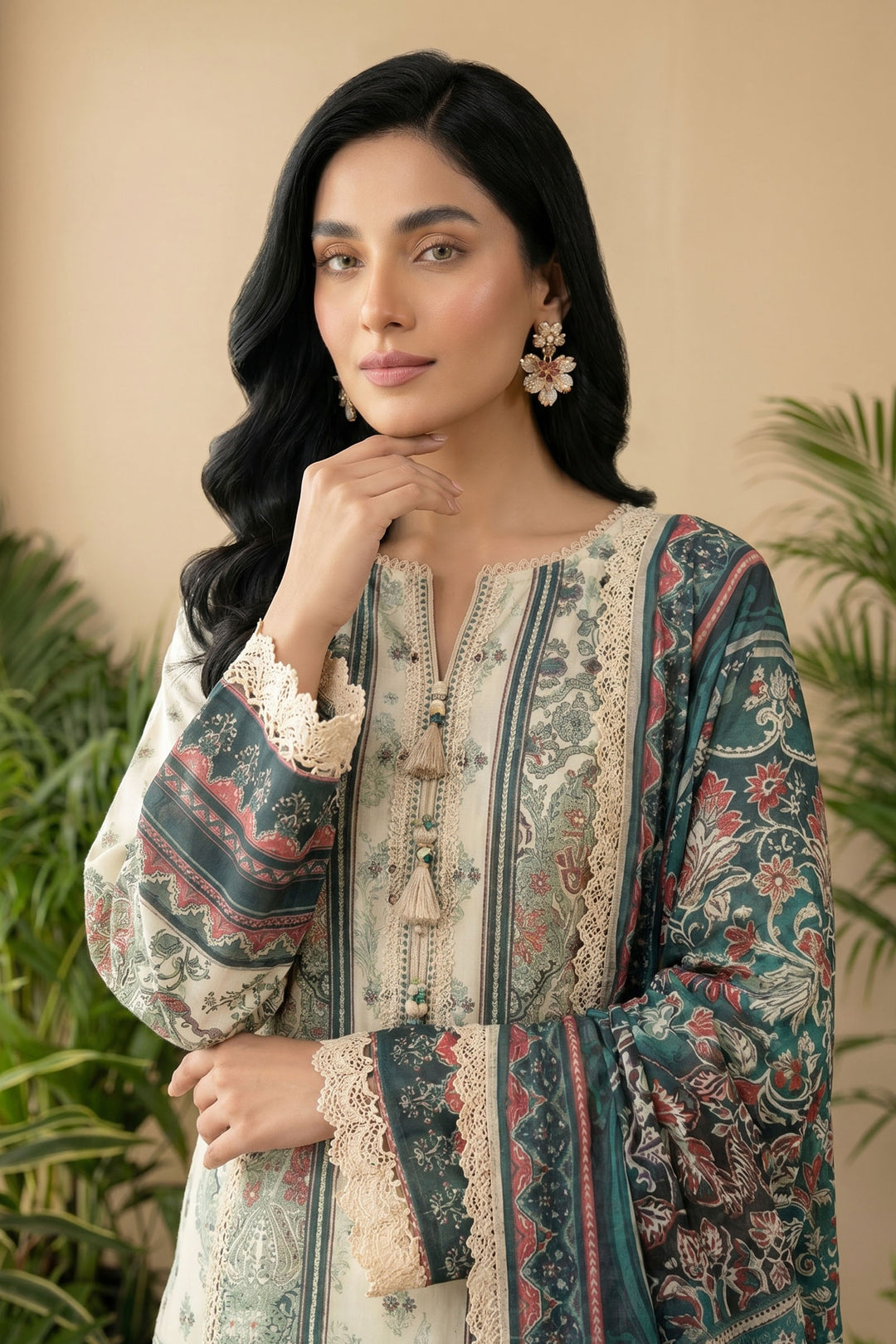 Beige 3 Piece Unstitched Premium Printed Lawn Suit By Jacquard Clothing Summer 2026 Hania Manahil Collection