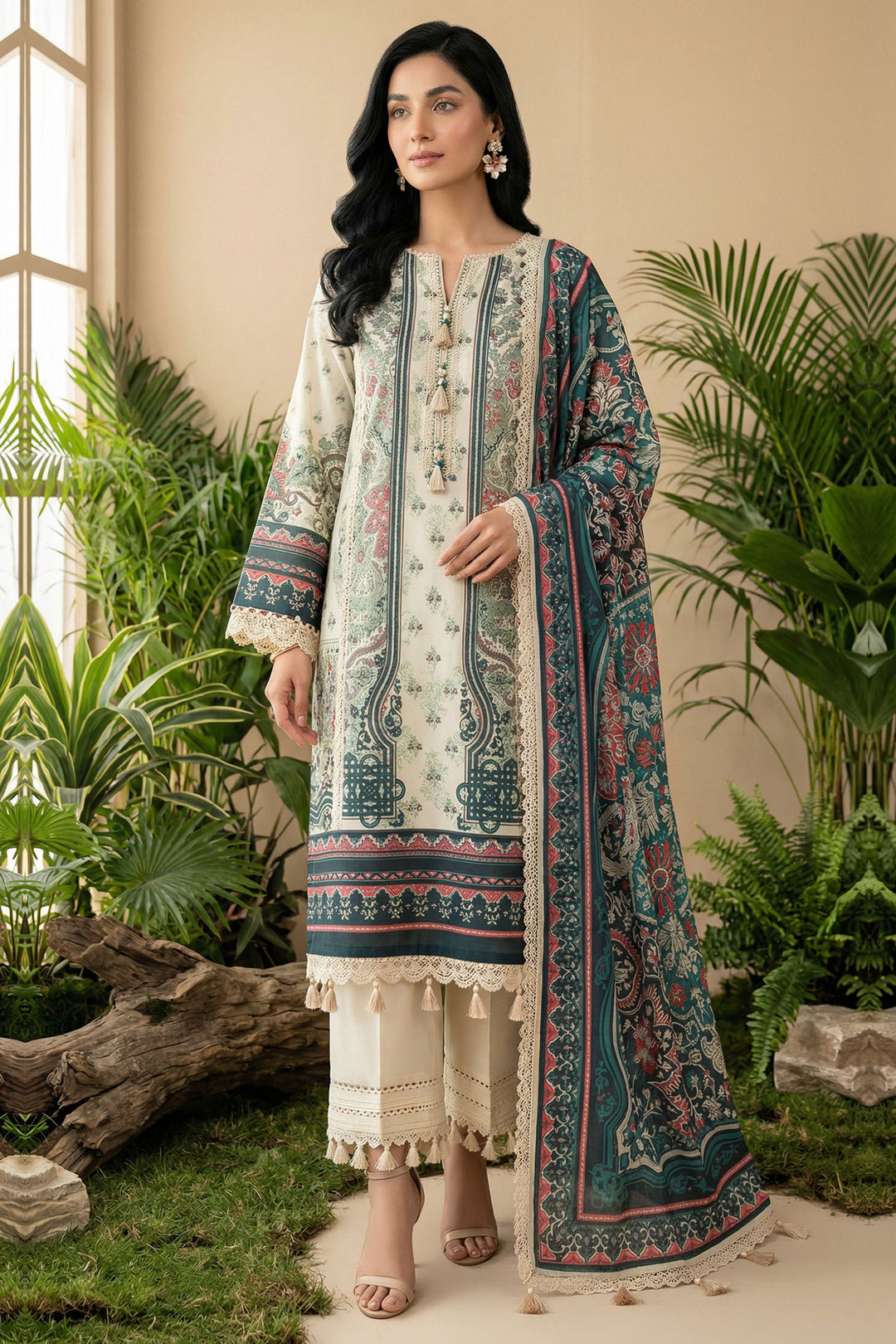 Beige 3 Piece Unstitched Premium Printed Lawn Suit By Jacquard Clothing Summer 2026 Hania Manahil Collection