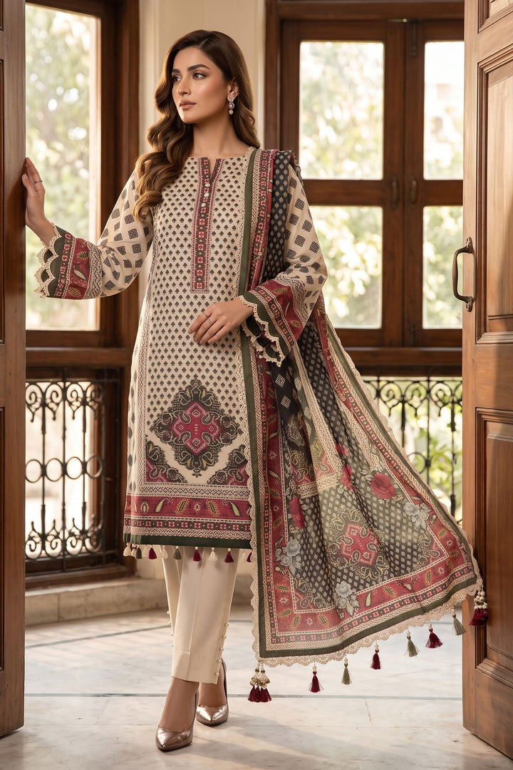 Beige 3 Piece Unstitched Premium Printed Lawn Suit By Jacquard Clothing Summer Collection 2026