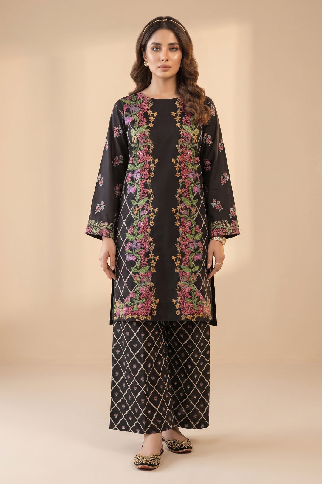 Black 2 Piece Unstitched Printed Cambric Co-Ord Set