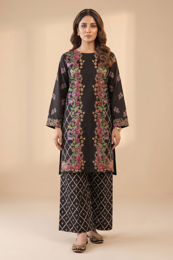 Black 2 Piece Unstitched Printed Cambric Co-Ord Set