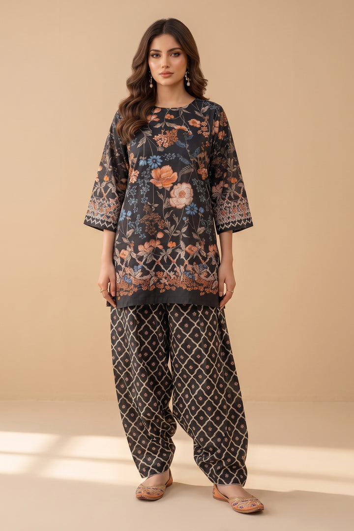 Black 2 Piece Unstitched Printed Cambric Co-Ord Set