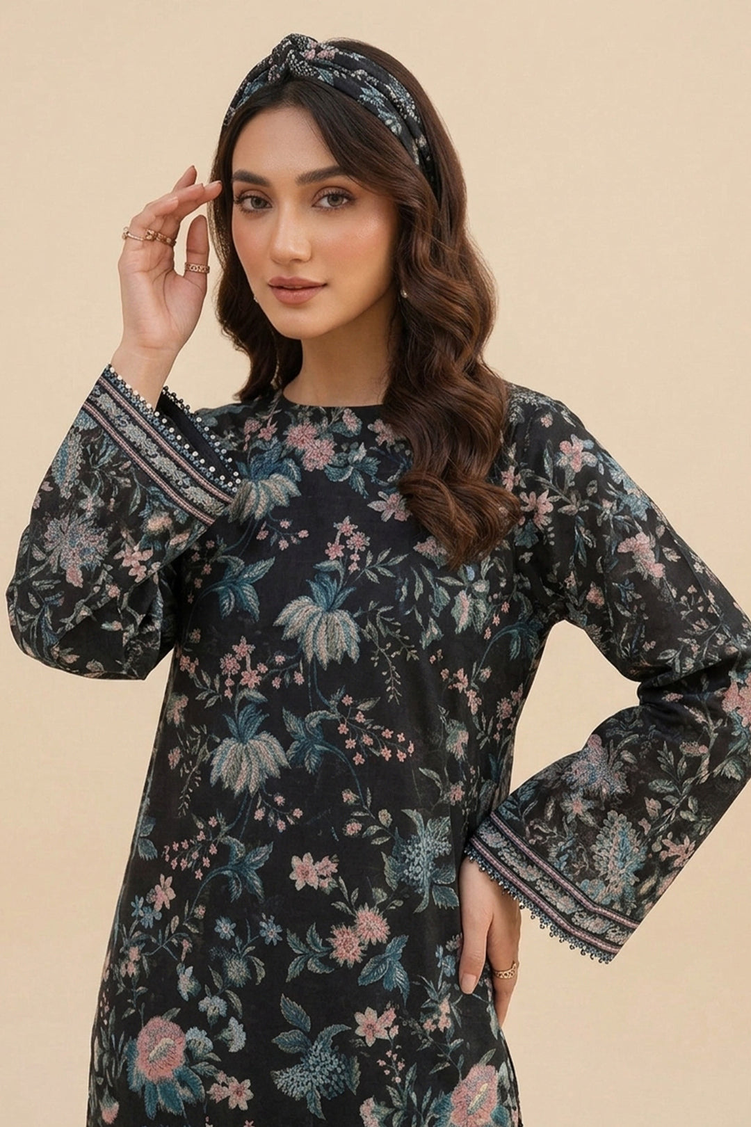 Black 2 Piece Unstitched Printed Cambric Co-Ord Set