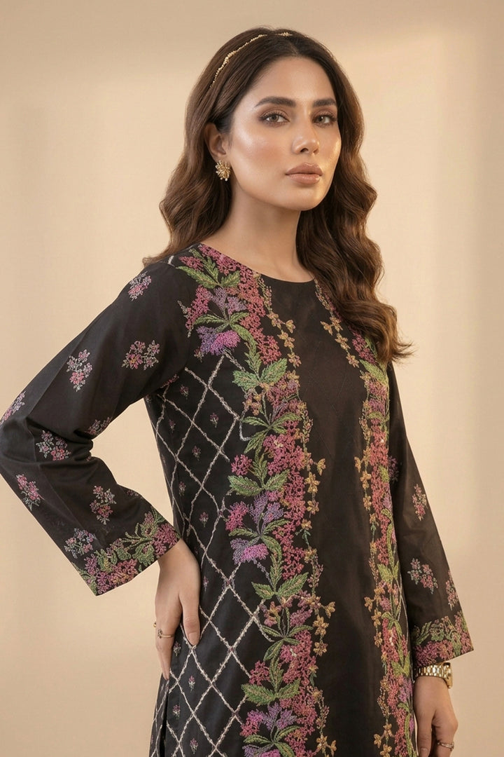 Black 2 Piece Unstitched Printed Cambric Co-Ord Set