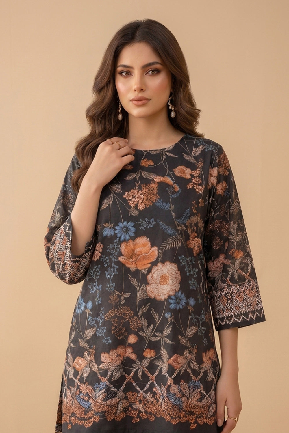 Black 2 Piece Unstitched Printed Cambric Co-Ord Set